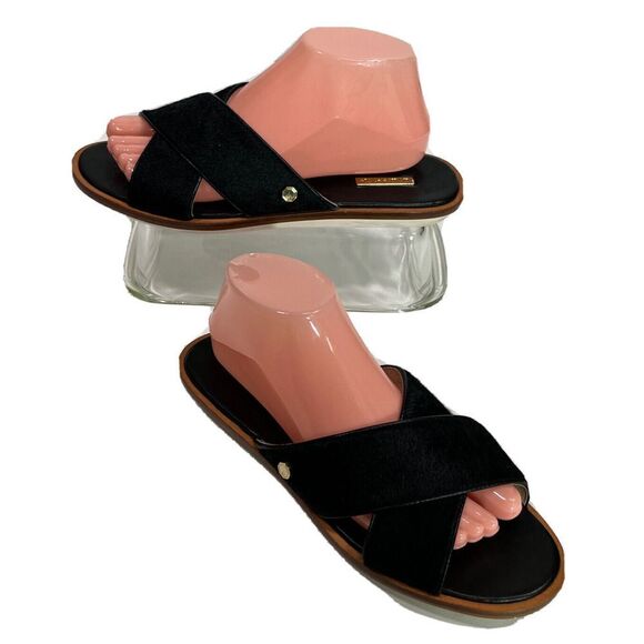 Louise et Cie Adalla Sandals Black Cow Hair Fur Size 9 B Slip On Rubber Soles - Picture 2 of 14